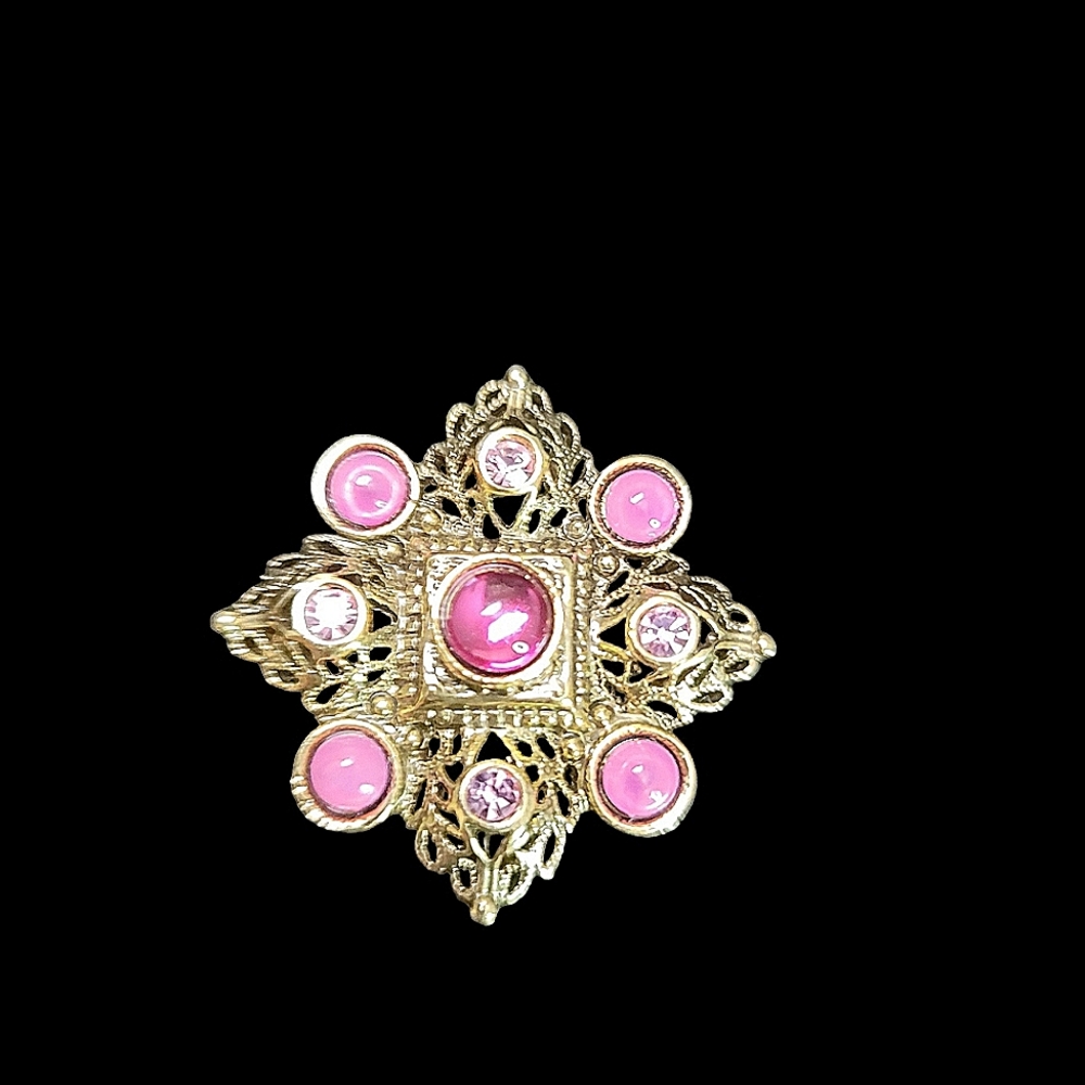 1928 Vintage Brooch Pin. Rose & Goldtone. Intricate & Beautiful 1.5" x 1.5"